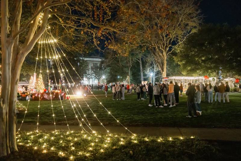 The idyllic Quad at Mississippi College will be awash in twinkling Christmas lights through Christmas Day.