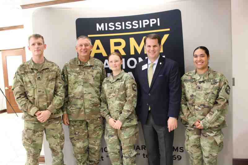 Pictured at the November 1 press conference are: MC students John Self of South Carolina, Jasmine Ainsworth of Brandon and Samantha Hernandez of Slidell, Louisiana. They join Maj. Gen. Janson Boyles, the Mississippi Adjutant General, and President Blake Thompson.Pictured at the November 1 press conference are: MC students John Self of South Carolina, Jasmine Ainsworth of Brandon and Samantha Hernandez of Slidell, Louisiana. They join Maj. Gen. Janson Boyles, the Mississippi Adjutant General, and President Blake Thompson.