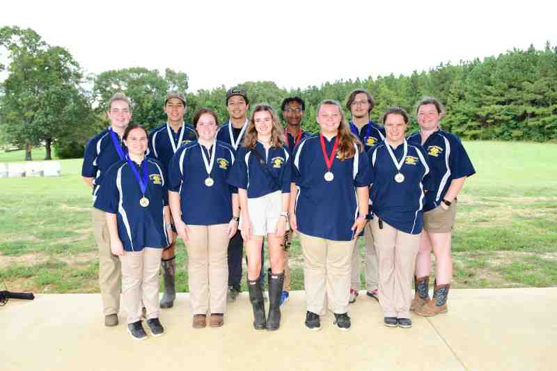 Mississippi College archers preparing for the USA Archery Collegiate 3D National Tournament Oct. 14-17 include, front row from left, Emilia Miceli, Anna Carraway, Ann Mabry Dean, Lexie Harris, and Amy Smart, and back row from left, Abigail Veidmark, Jack Thomas Spears, Ben Spears, 