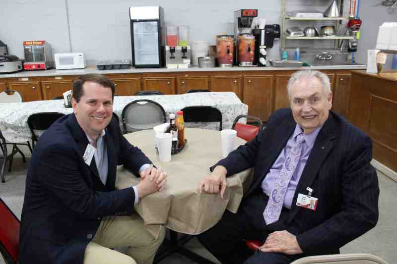 Mississippi College President Blake Thompson enjoyed his lunch visit with Hinds Community College President Clyde Muse. For decades, Mississippi's biggest two-year school has seen many Hinds students transfer a few miles away to MC. Dr. Thompson became MC president in July 2018. Dr. Muse has led Hinds CC since 1978.The Mississippi higher education leaders relished the cheeseburgers and fellowship time at Obey's restaurant in Clinton on February 11. 