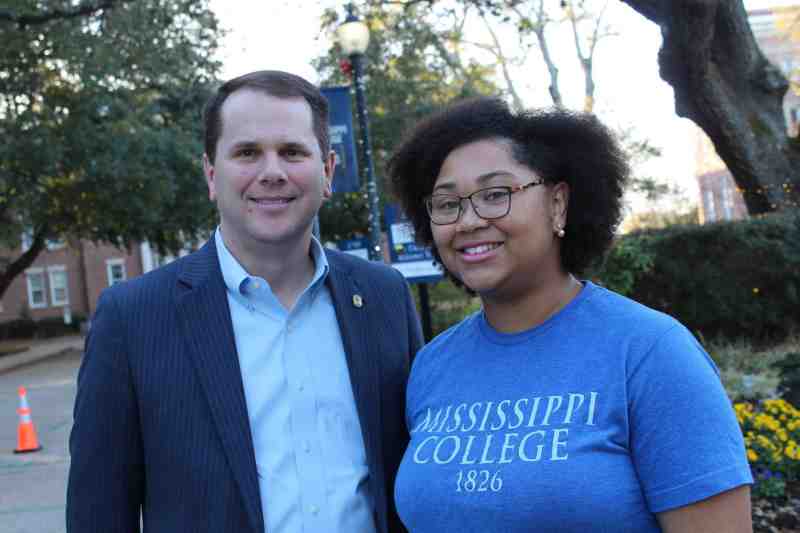 President Blake Thompson joins Mississippi College sophomore Macia Outlaw of Brandon for a picture on the Clinton campus in early December. A biology/pre-med major, Macia will be among four ambassadors nationwide serving as advocates for college transfer students in 2019-20.