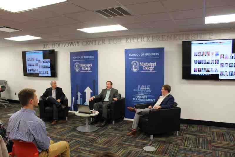 Executives Bruce Deer and Tony Jeff of Innovate Mississippi join business student Drew Donahoe at a February 28 forum at Mississippi College's School of Business. Jeff serves as president and CEO of the Jackson-based company.