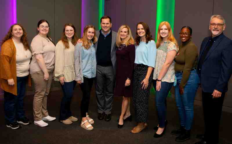 Congratulating Dr. Stephanie Busbea, fifth from right, on being nominated for the 2022 NAEA Preservice Chapter Sponsor Award of Excellence during the MAEA fall conference are, from left, Cameron Huey, Laura Wingo, Emma Kate Lyons, Corrie Lee, Dr. Blake Thompson, Lauren Sitarz, Dani Henderson, Brittany Bradley, and Dr. Randy Miley.