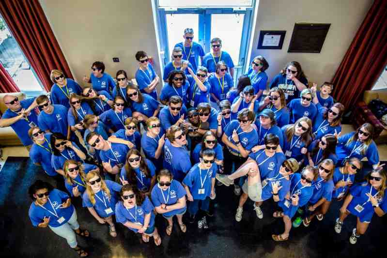 Fun picture of MC music campers and instructors at the Aven Fine Arts Building.