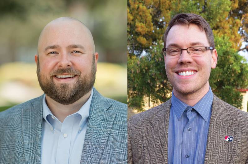 Zach Osborn, left, and Chase Quartermain have returned to their alma mater to teach history-political science and art, respectively. 